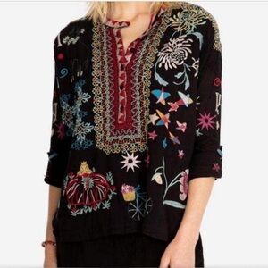 Johnny Was Black Multicolor Embroidered Top